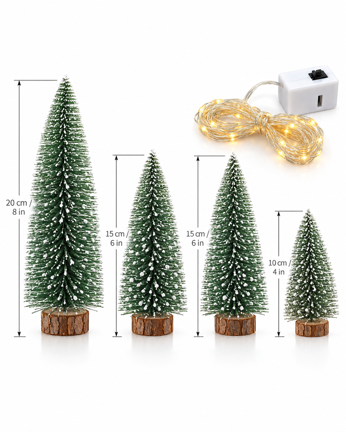 Kar Efektli Işıklı Ağacı Seti ( 1 Adet 10cm + 2 Adet 15 cm + 1 Adet 20 cm)– 4’lü Çam Ağaçları + LED Işık