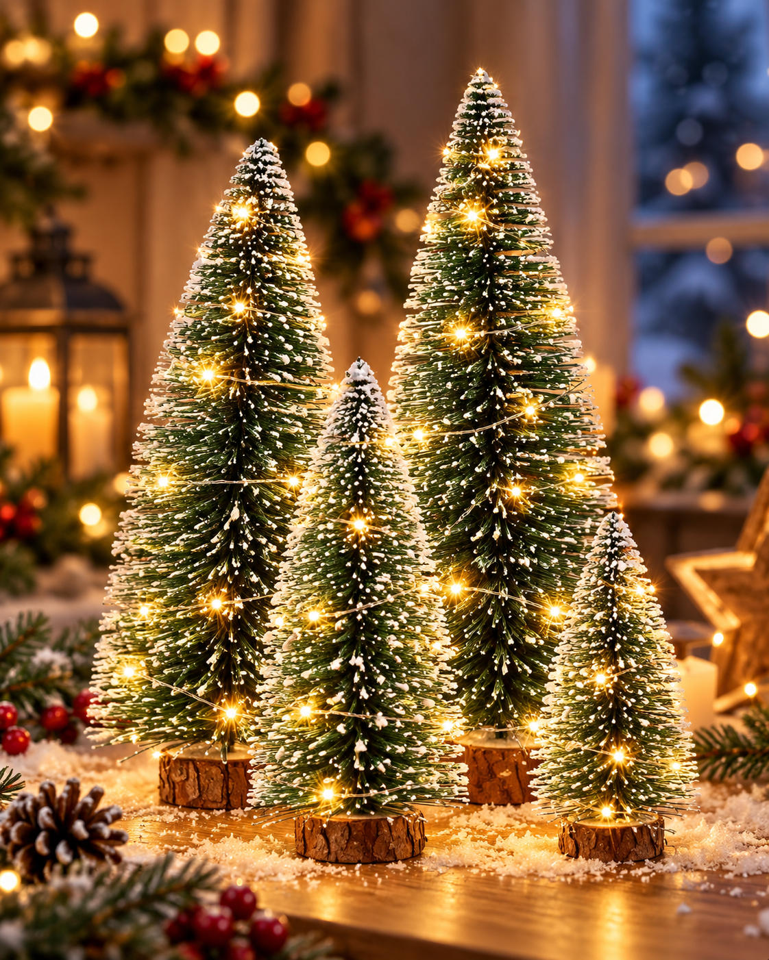 Kar Efektli Işıklı Ağacı Seti ( 1 Adet 10cm + 2 Adet 15 cm + 1 Adet 20 cm)– 4’lü Çam Ağaçları + LED Işık