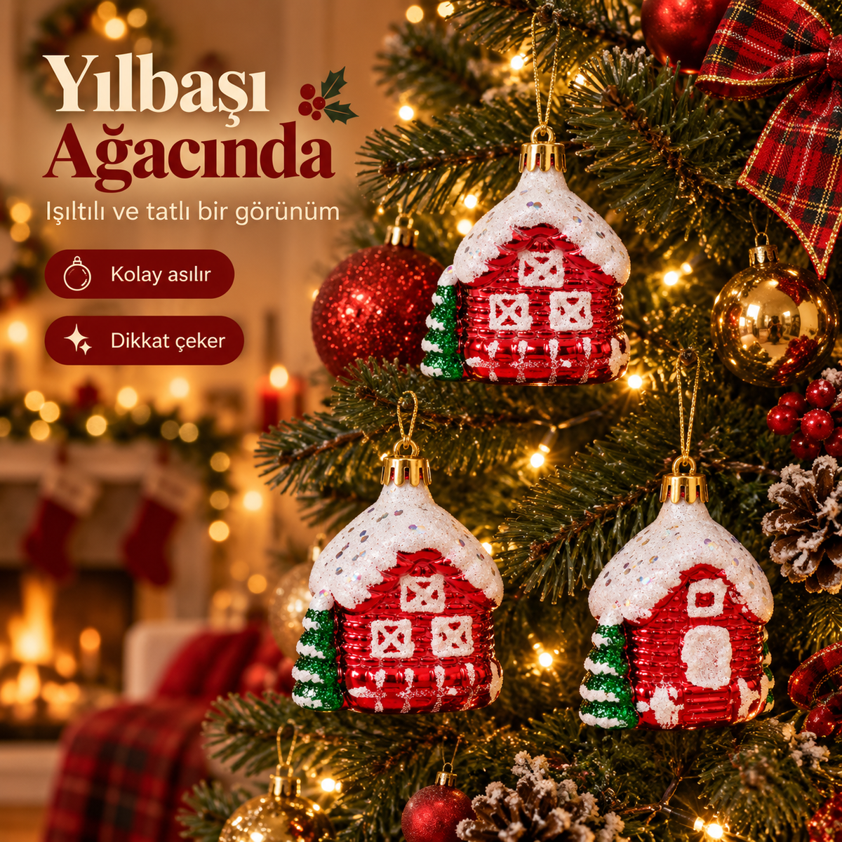3 Adet 8 Cm Yılbaşı Dağ Evi Dilek Ev Çam Ağacı Süsü Parti Yılbaşı Süslemeleri