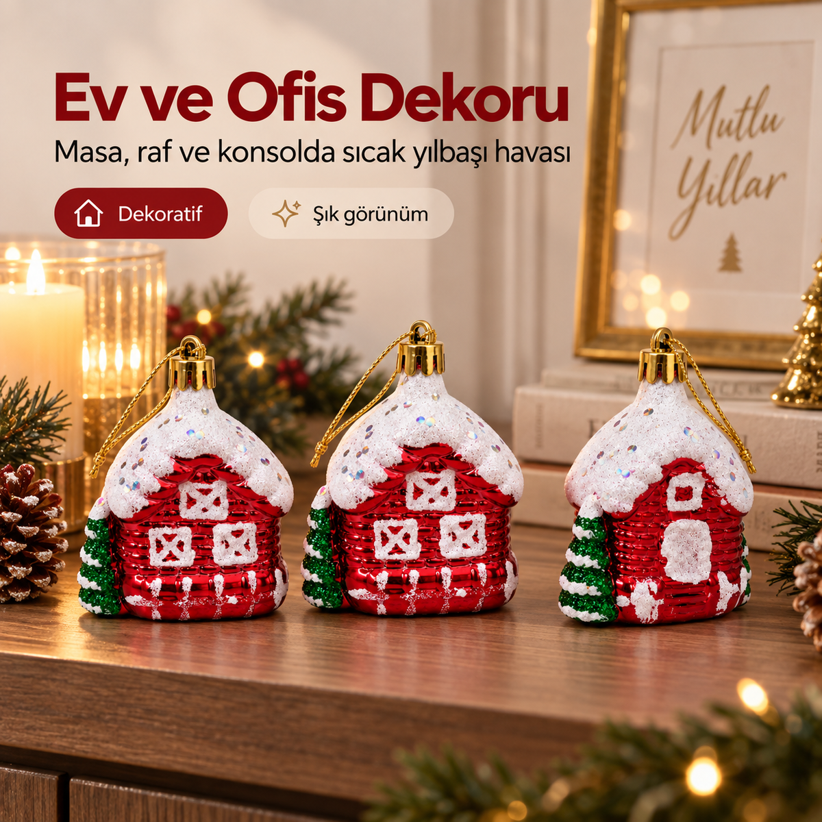 3 Adet 8 Cm Yılbaşı Dağ Evi Dilek Ev Çam Ağacı Süsü Parti Yılbaşı Süslemeleri