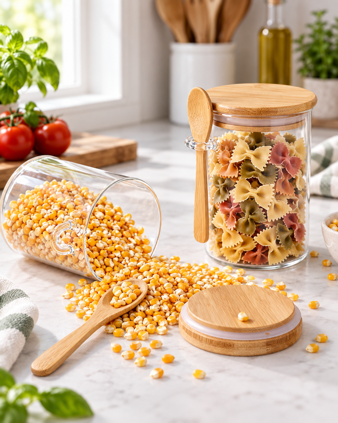 Bambu 1 Adet 1000 ml Kaşık Kapaklı Büyük Hava Geçirmez Cam Kavanoz