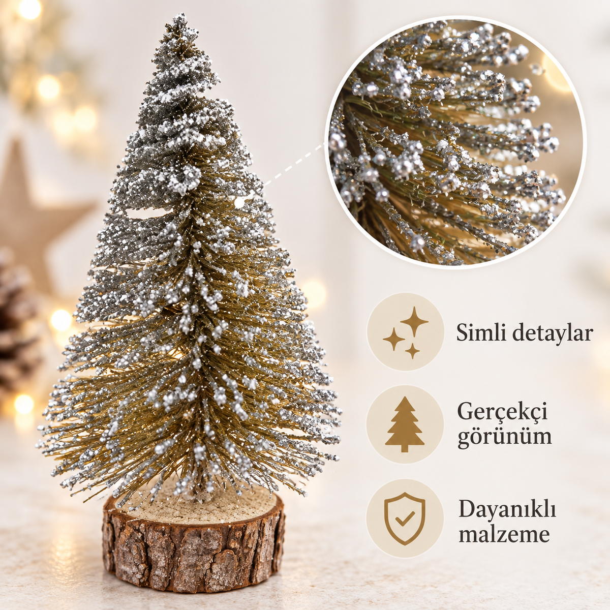 1Adet 10 Cm T14 Yılbaşı Masa Çam Ağacı, Simli Çam Ağacı, Masa Dekorasyon, Süslü Minik Çam Ağacı
