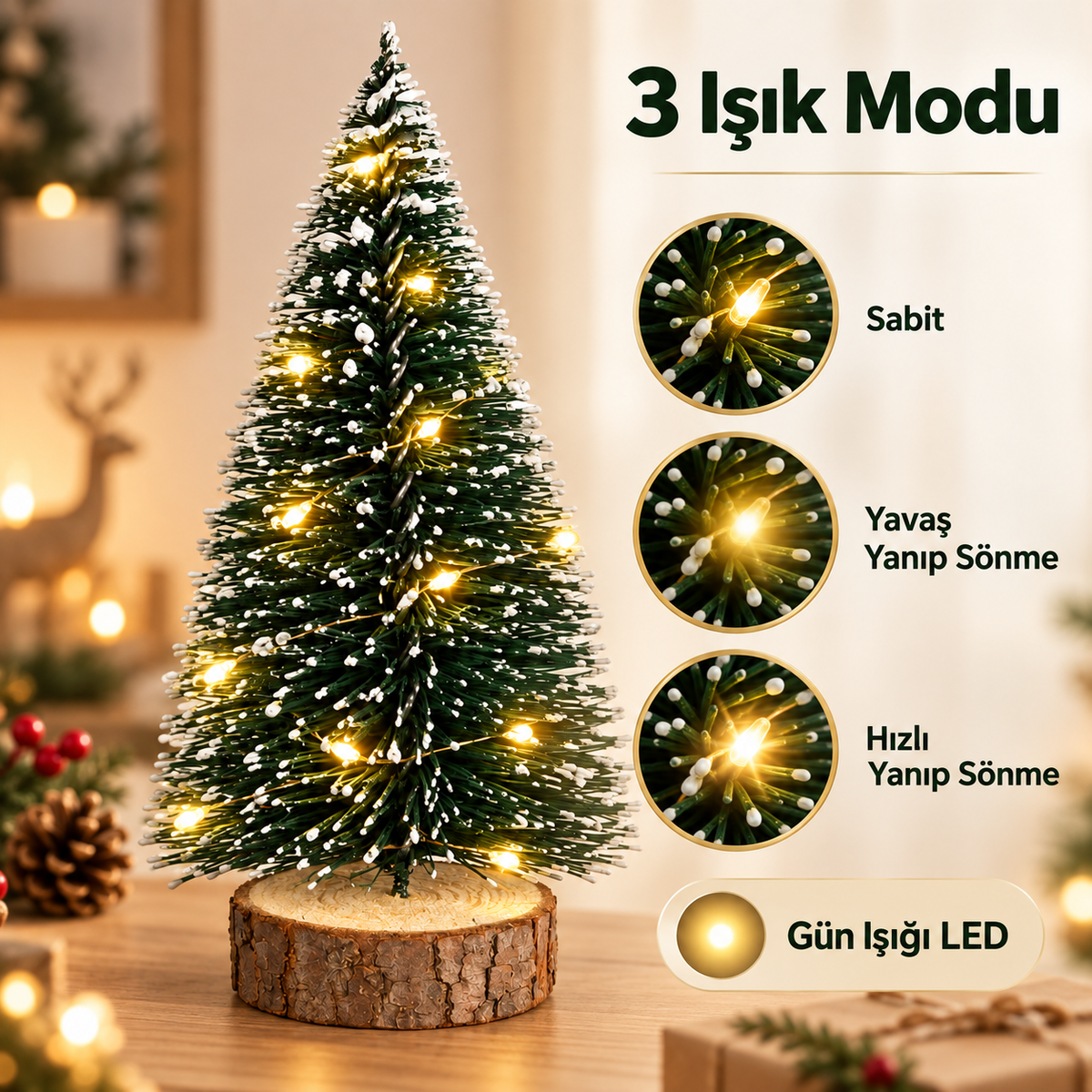 1 Adet 16 Cm Kendinden Işıklı Üç Kademeli Gün Işığı Yılbaşı Çam Ağacı