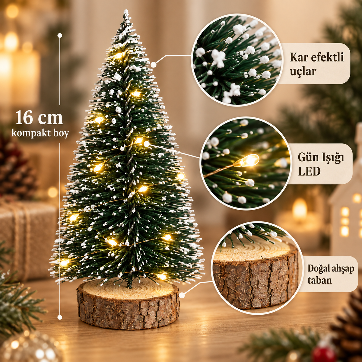 1 Adet 16 Cm Kendinden Işıklı Üç Kademeli Gün Işığı Yılbaşı Çam Ağacı