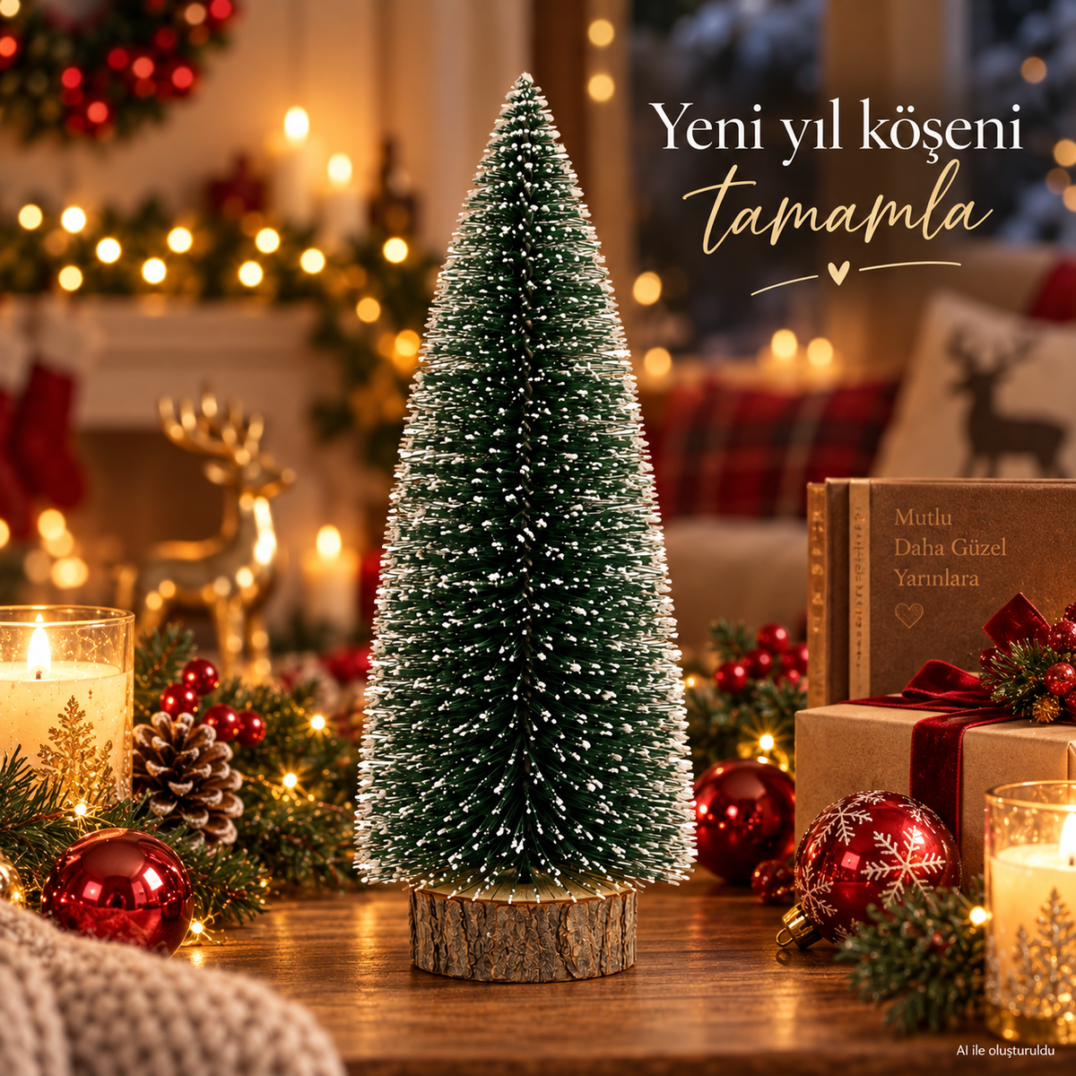 1 Adet Kar Efektli Ahşap Tabanlı Mini Yılbaşı Dekoratif Çam Ağacı