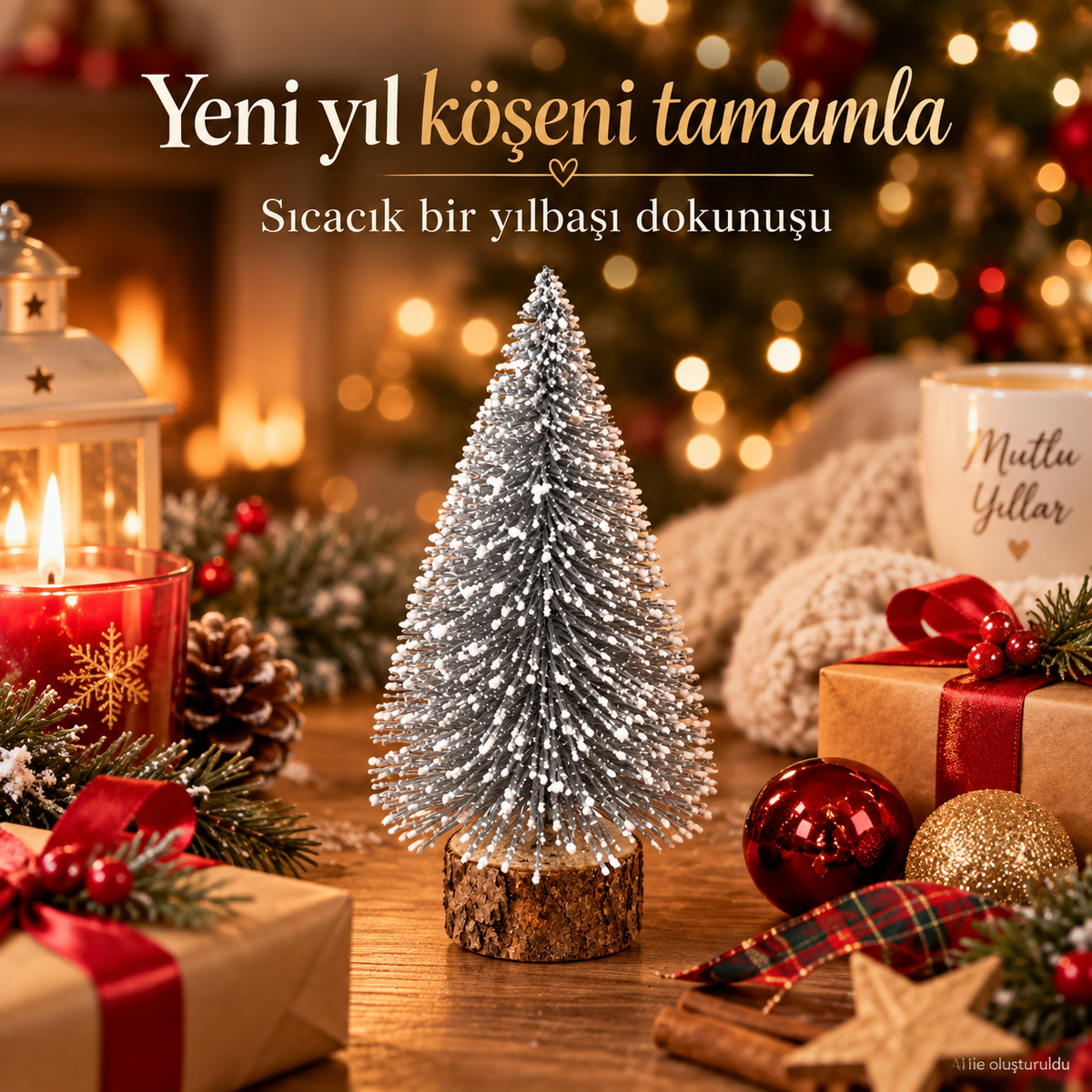 15 cm Simli Yılbaşı Masa Çam Ağacı, Simli Ağaç, Masa Dekorasyon, Süslü Minik Çam Ağacı