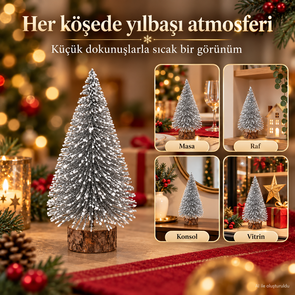 15 cm Simli Yılbaşı Masa Çam Ağacı, Simli Ağaç, Masa Dekorasyon, Süslü Minik Çam Ağacı