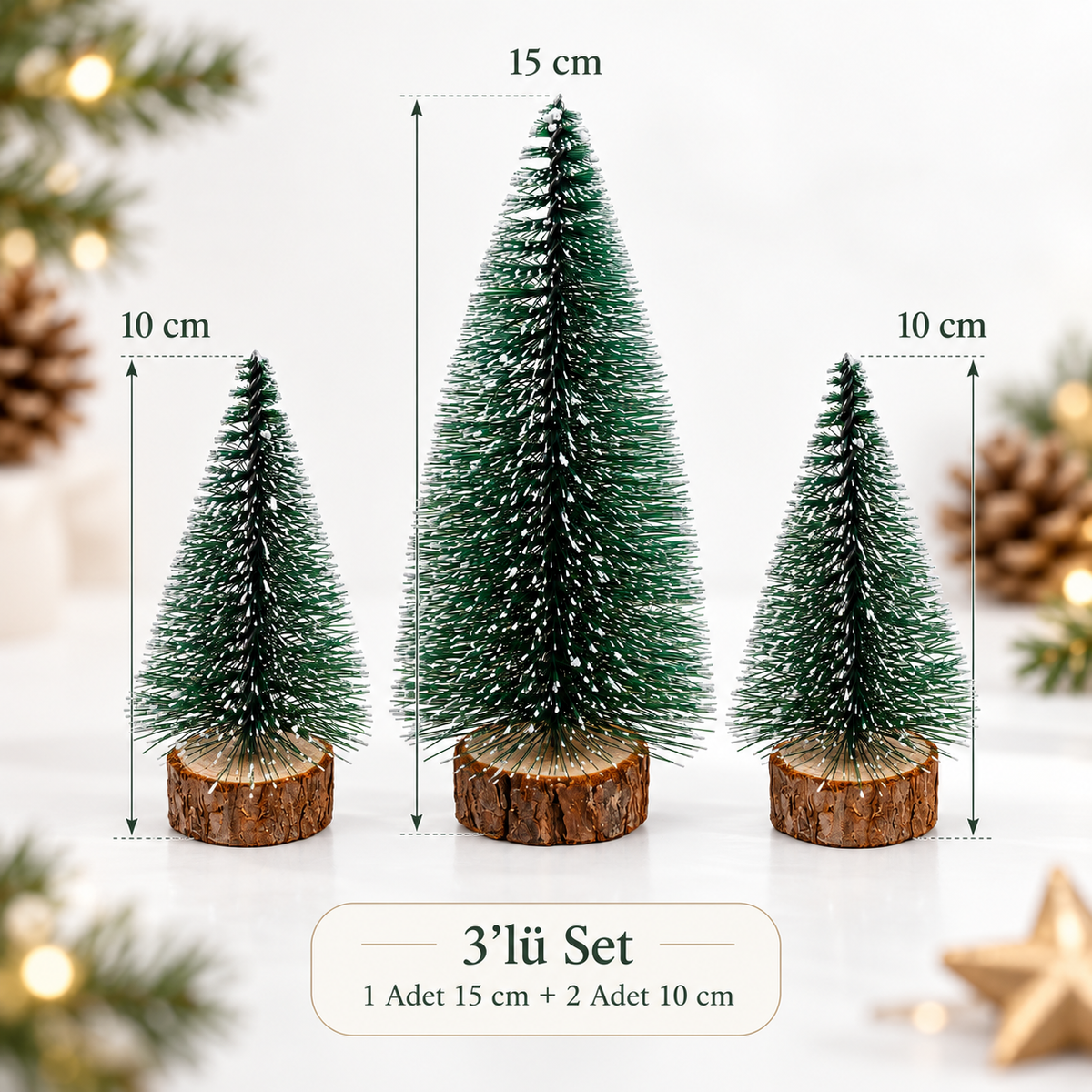 3 Adet ( 1 Adet 15 cm +2 Adet 10 cm )Yılbaşı Çam Ağacı Seti t217