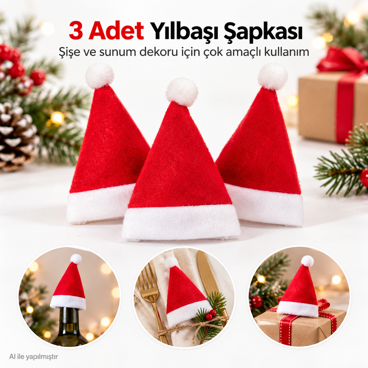 3 Adet Yılbaşı Şapka, Yeni Yıl Şişe ve Sunum Şapkası, Süs Şapka Parlak