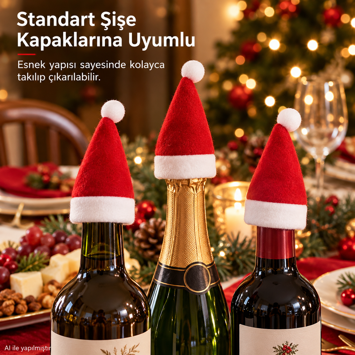 3 Adet Yılbaşı Şapka, Yeni Yıl Şişe ve Sunum Şapkası, Süs Şapka Parlak