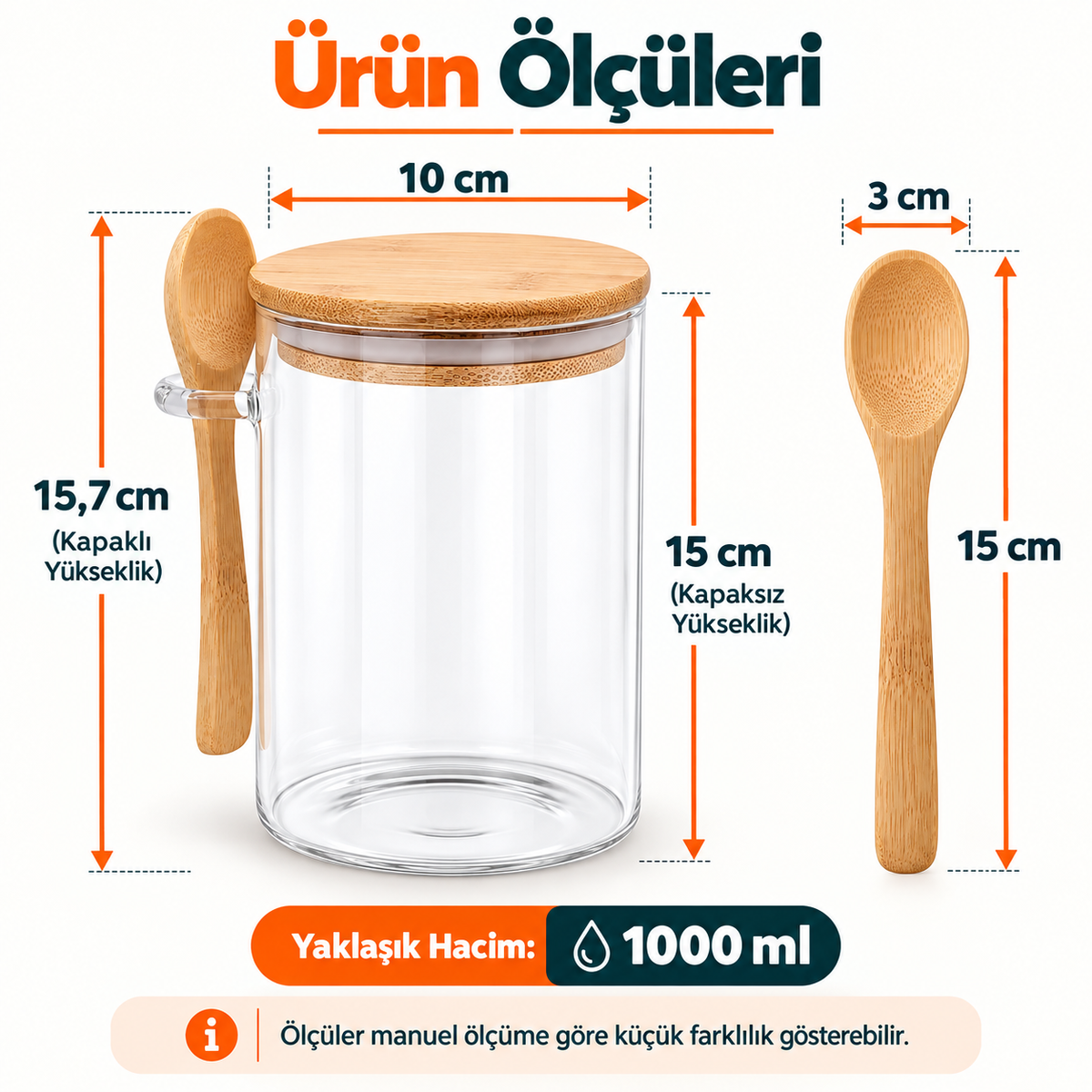 Bambu 1 Adet 1000 ml Kaşık Kapaklı Büyük Hava Geçirmez Cam Kavanoz