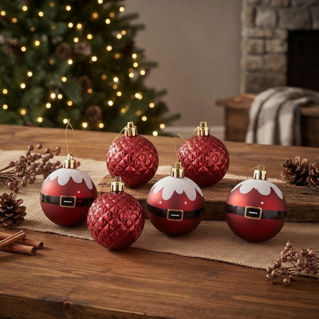 6 cm 6 Adet Yılbaşı Ağacı Süsü, Kırmızı Noel Balo Dekorasyonu, Yılbaşı Süsü, Noel Baba Kemerli ve Kabartmalı Desenli Ağaç Süsleme Topları, Yeni Yıl Ev ve Parti Dekoru