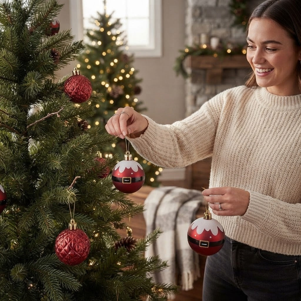 6 cm 6 Adet Yılbaşı Ağacı Süsü, Kırmızı Noel Balo Dekorasyonu, Yılbaşı Süsü, Noel Baba Kemerli ve Kabartmalı Desenli Ağaç Süsleme Topları, Yeni Yıl Ev ve Parti Dekoru