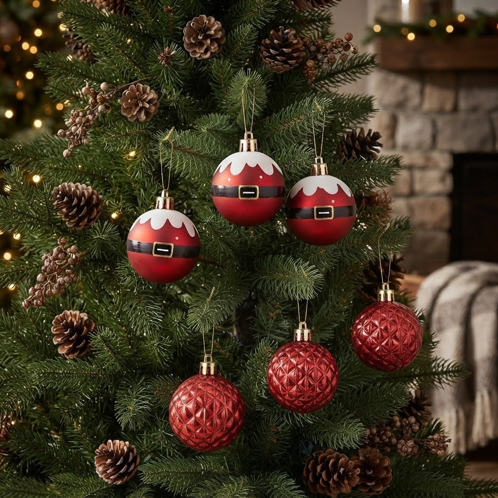 6 cm 6 Adet Yılbaşı Ağacı Süsü, Kırmızı Noel Balo Dekorasyonu, Yılbaşı Süsü, Noel Baba Kemerli ve Kabartmalı Desenli Ağaç Süsleme Topları, Yeni Yıl Ev ve Parti Dekoru