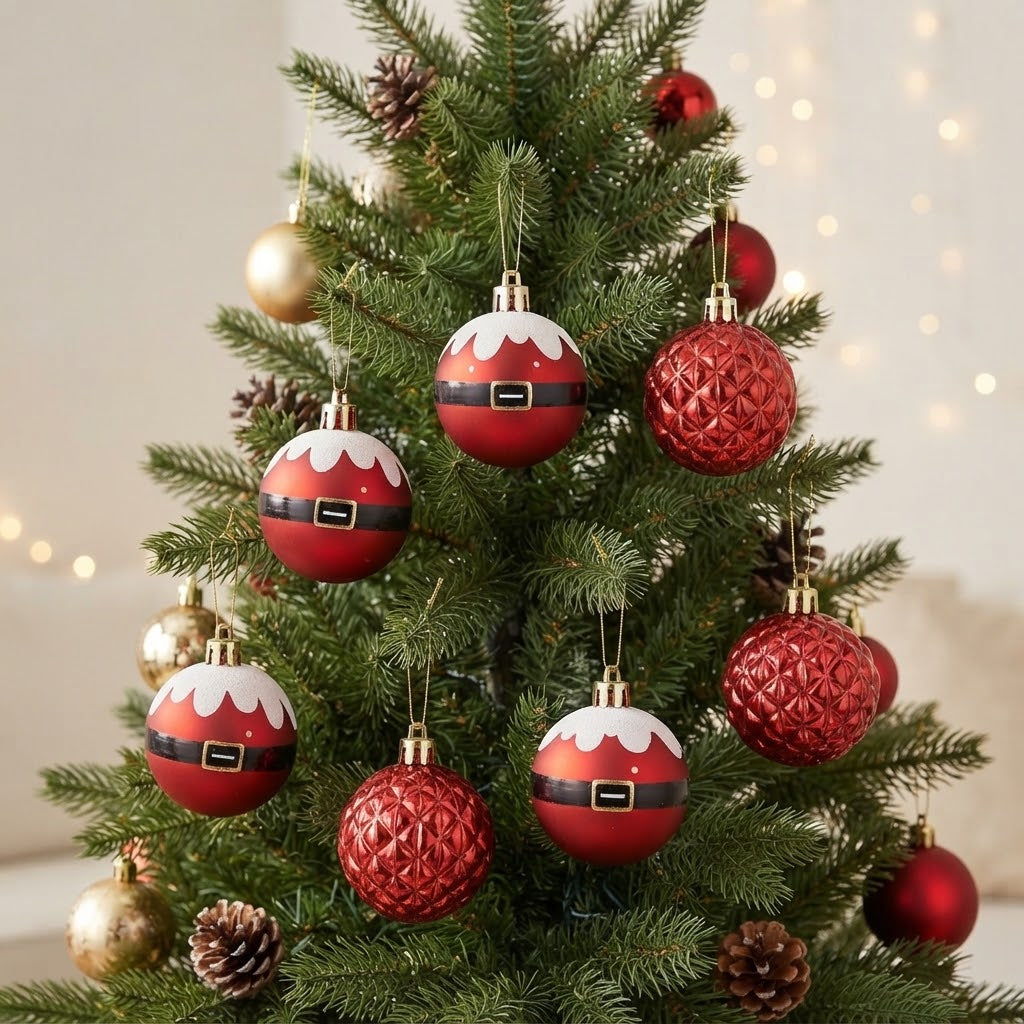 6 cm 6 Adet Yılbaşı Ağacı Süsü, Kırmızı Noel Balo Dekorasyonu, Yılbaşı Süsü, Noel Baba Kemerli ve Kabartmalı Desenli Ağaç Süsleme Topları, Yeni Yıl Ev ve Parti Dekoru