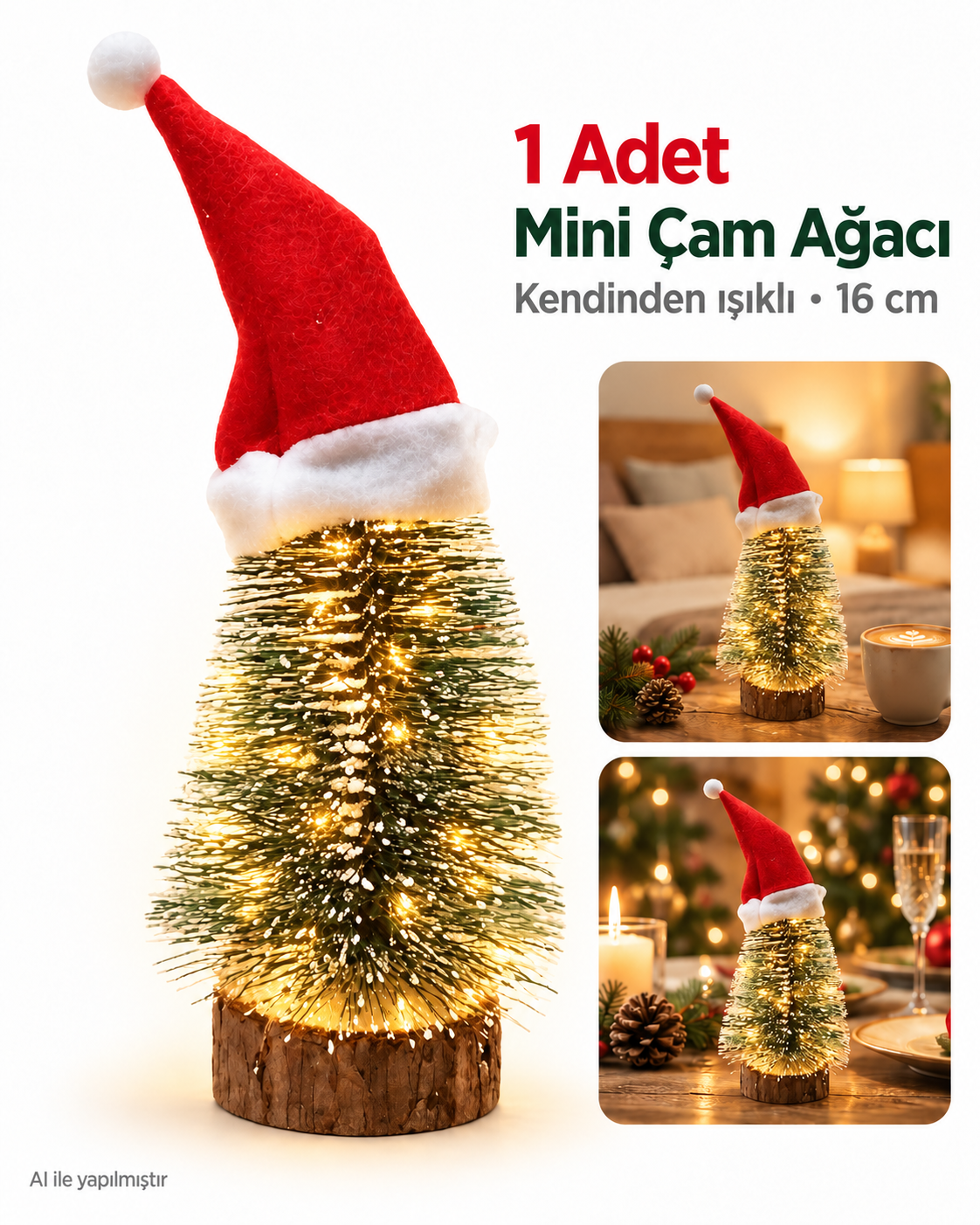 1 Adet Kendinden Işıklı 16 Cm El Yapımı Işıklı, Yılbaşı Şapkalı Çam Ağacı, Mini Çam Ağacı Masa, Ev Dekorasyonu
