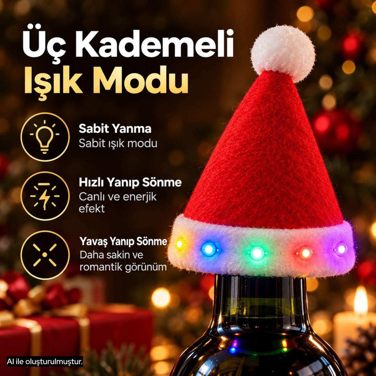 1 Adet Üç Kademeli Işıklı Yılbaşı Şişe Şapkası Çatal Bıçak Sunum Şapkası
