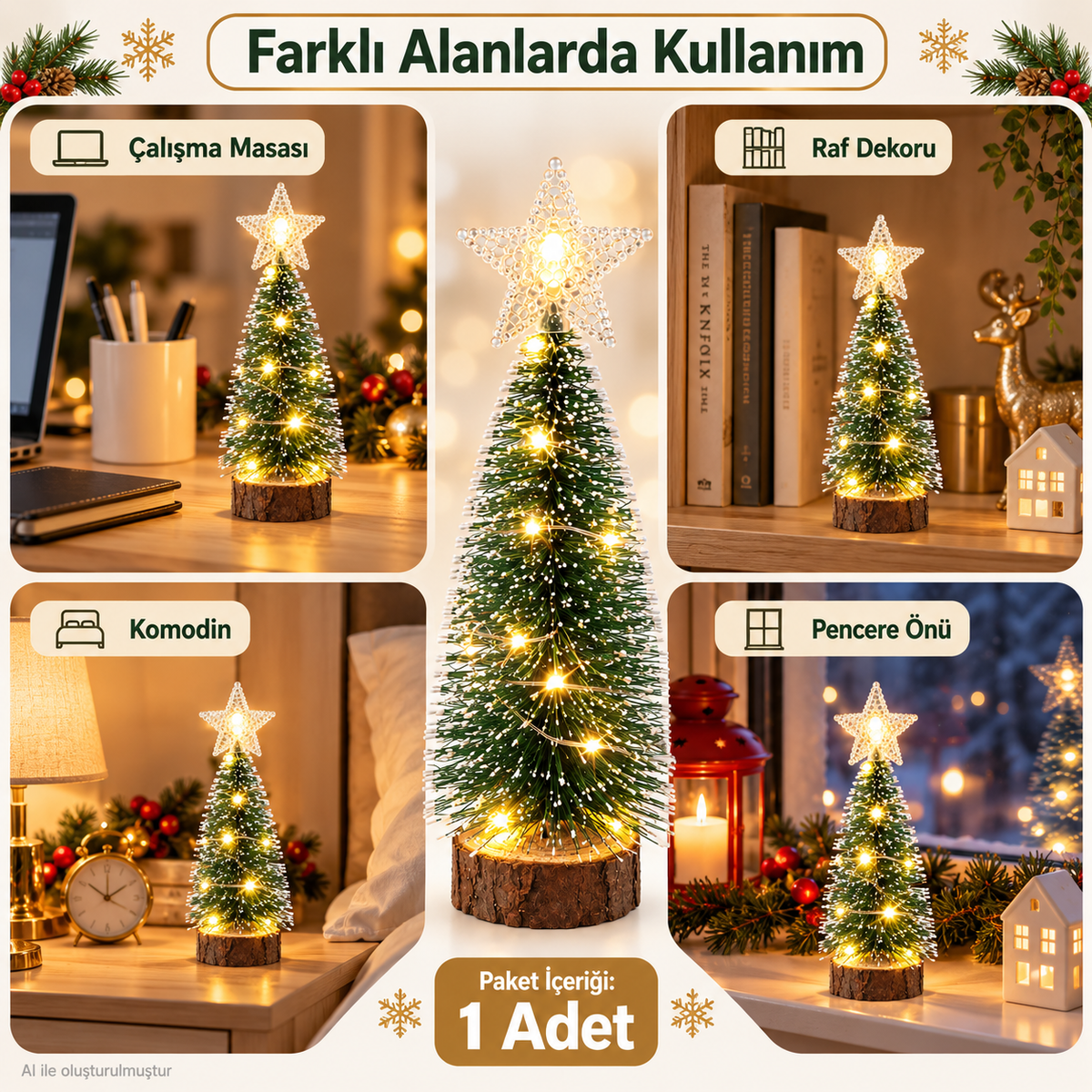 LED Peri Gün Işığı + 1 Adet Tepe Yıldızlı Kar Efektli Mini Yılbaşı Ağacı