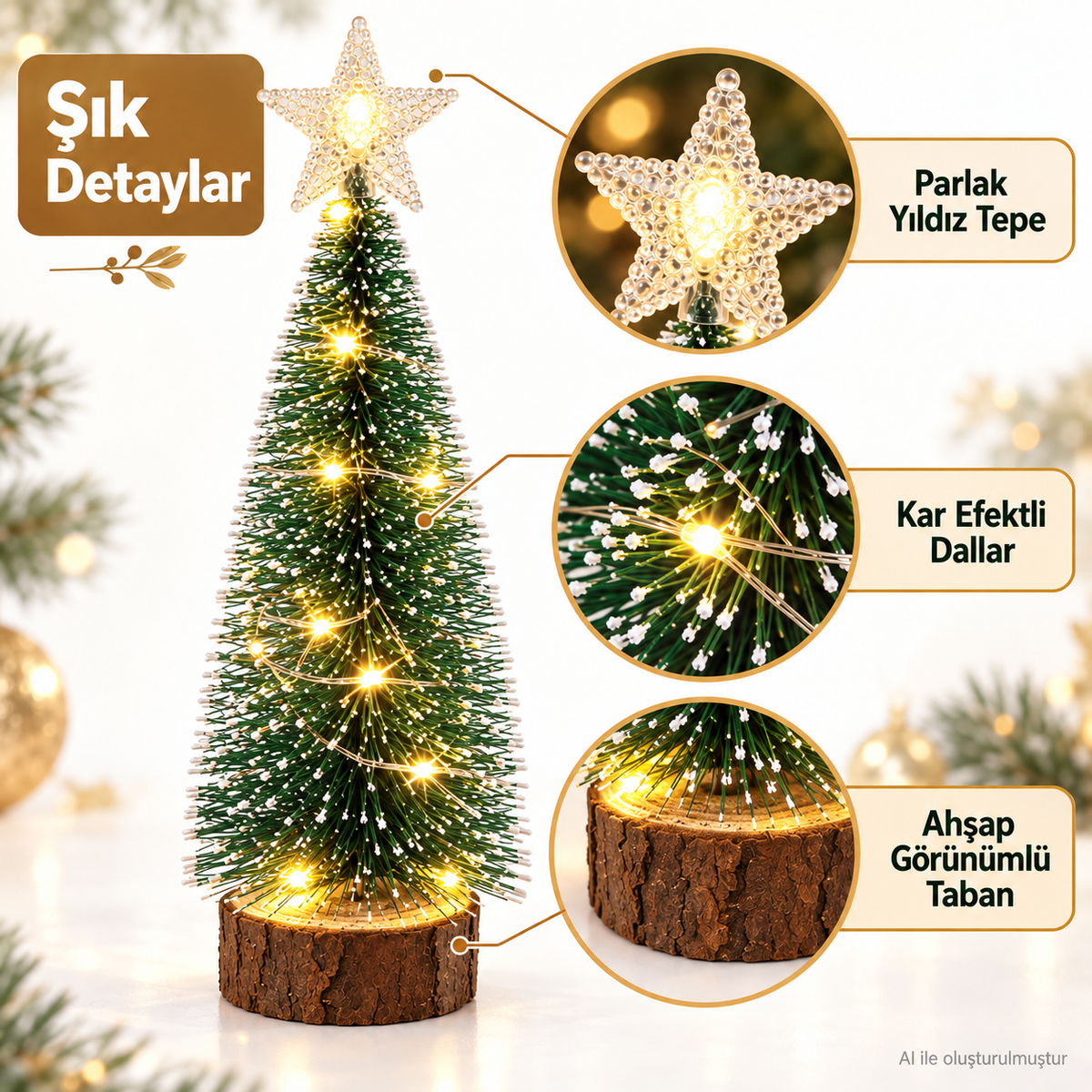 LED Peri Gün Işığı + 1 Adet Tepe Yıldızlı Kar Efektli Mini Yılbaşı Ağacı