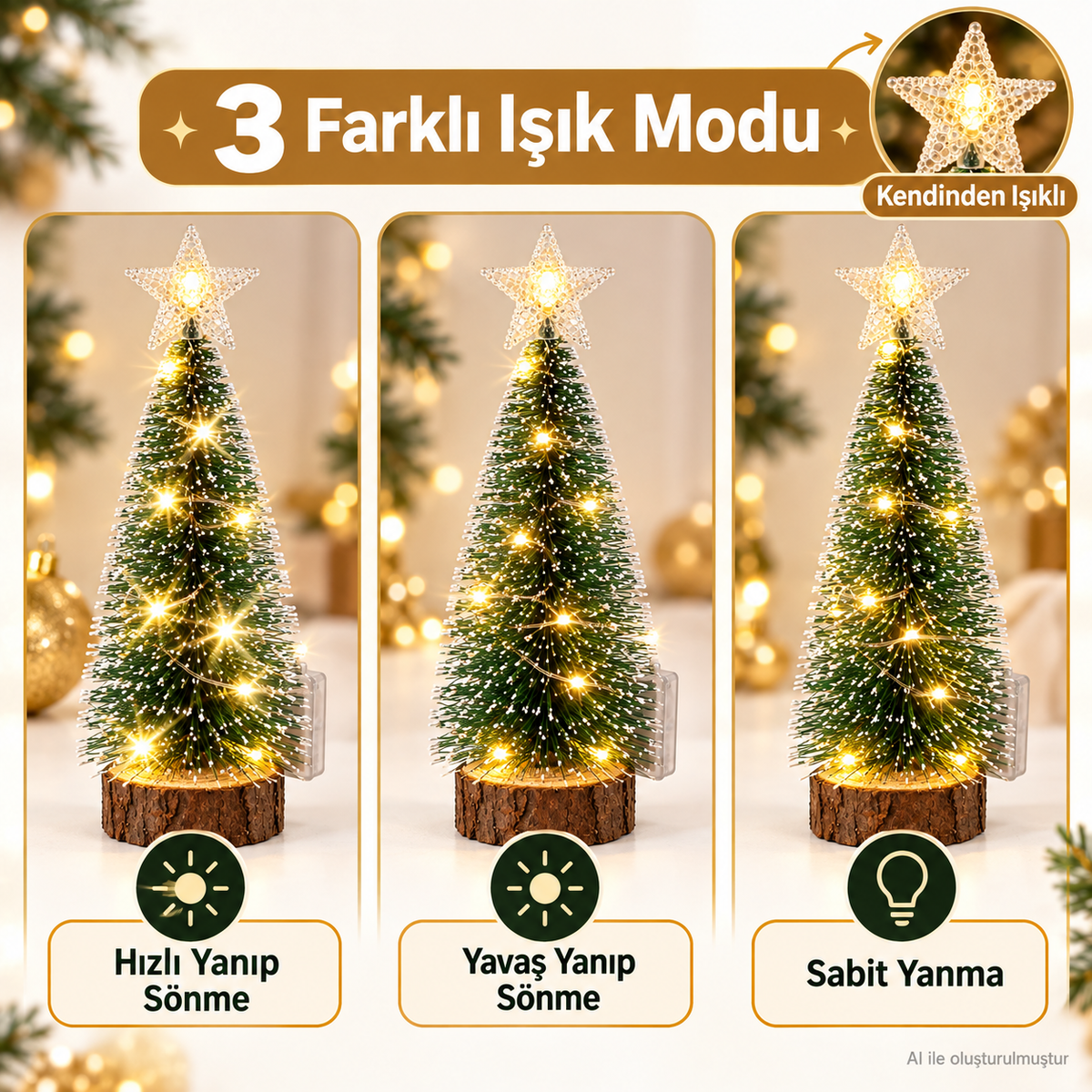 LED Peri Gün Işığı + 1 Adet Tepe Yıldızlı Kar Efektli Mini Yılbaşı Ağacı