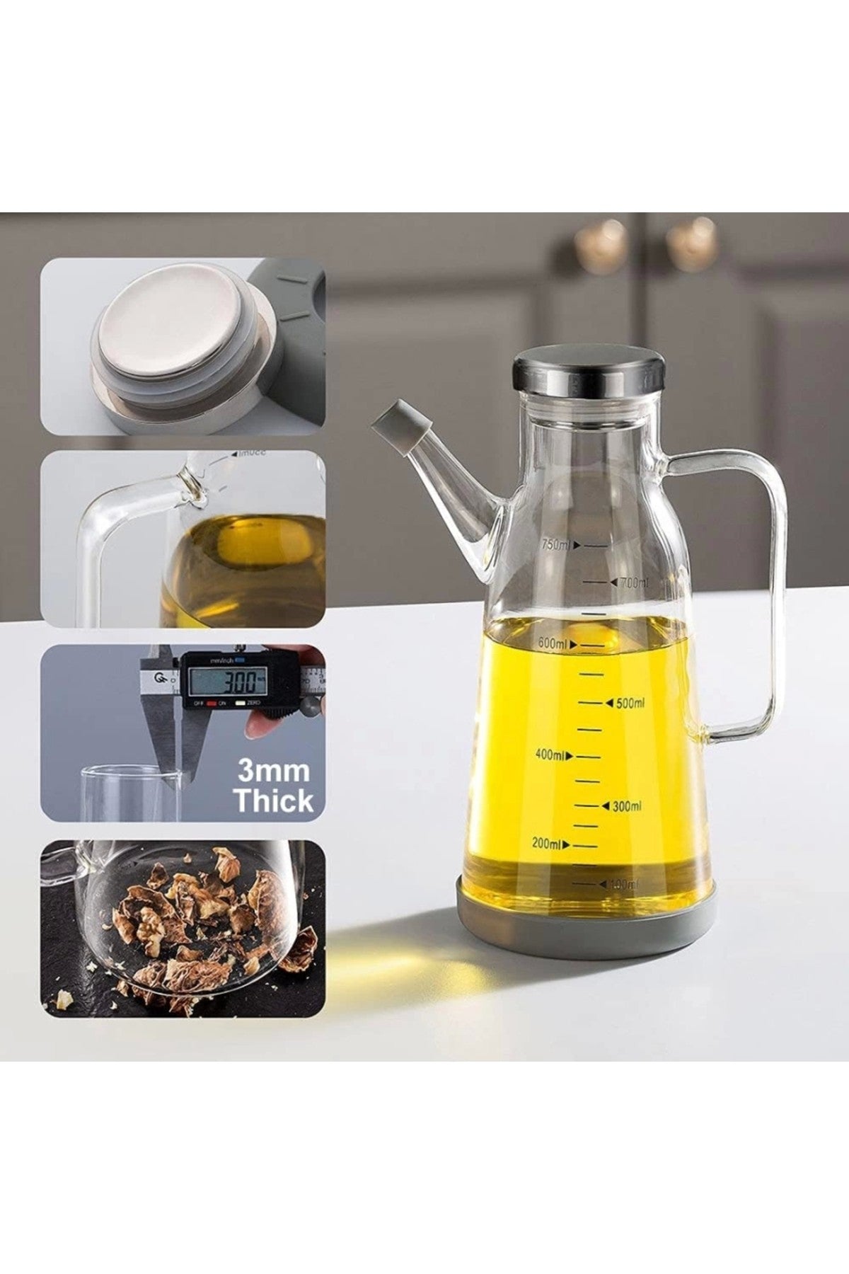 Silikon Kaydırmaz Altlıklı Yağ Dağıtıcı Şişe Zeytinyağı Şişesi Damlama Silikon Tıpalı (750 ML)