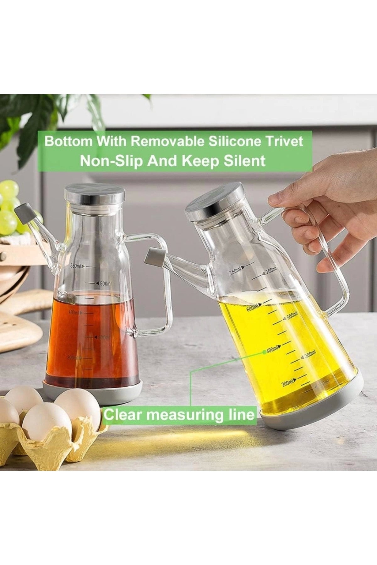 Silikon Kaydırmaz Altlıklı Yağ Dağıtıcı Şişe Zeytinyağı Şişesi Damlama Silikon Tıpalı (750 ML)