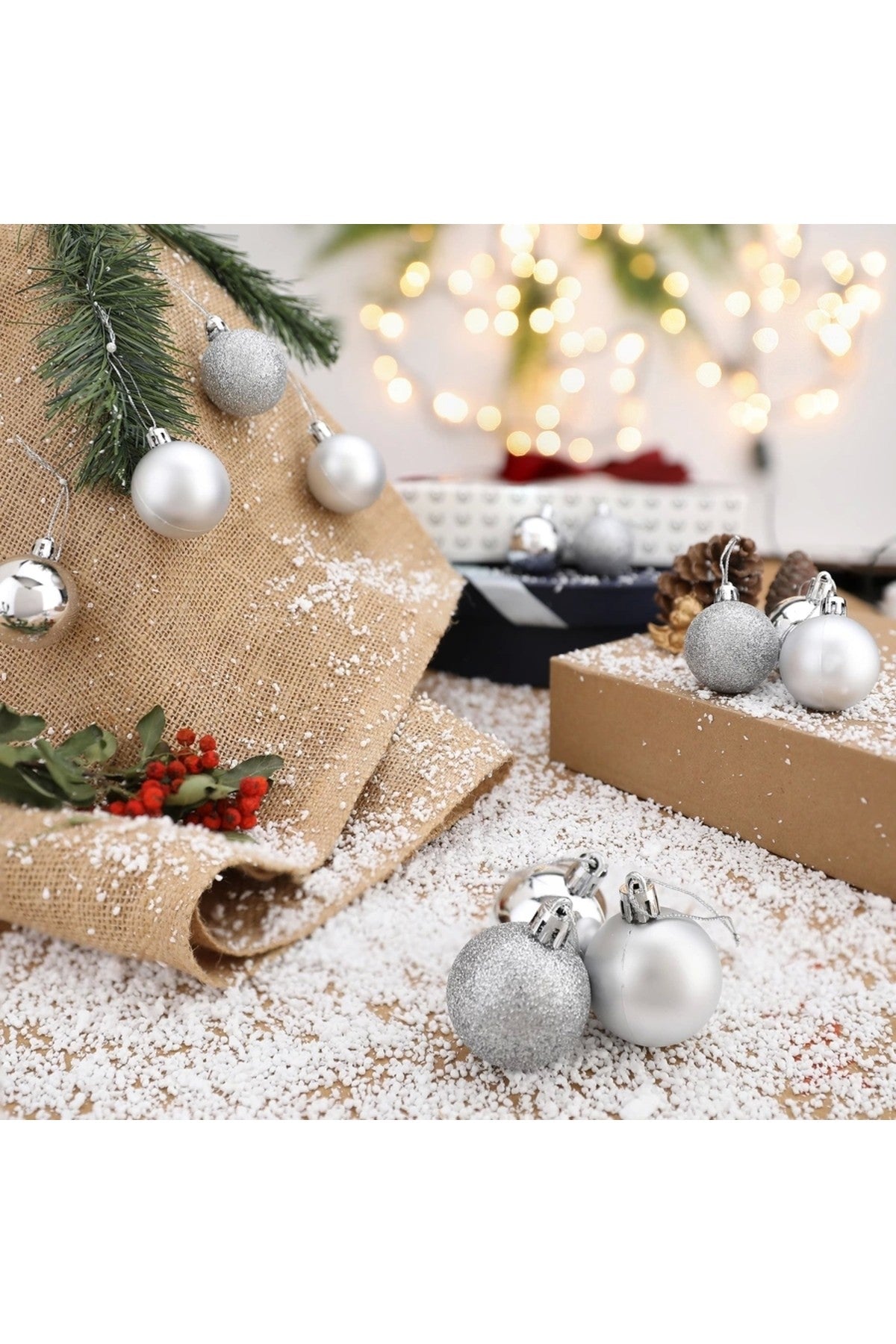 12'li Gümüş 4 Cm Yılbaşı Topu, Noel Topu, Çam Ağacı Topu, Süs Topu