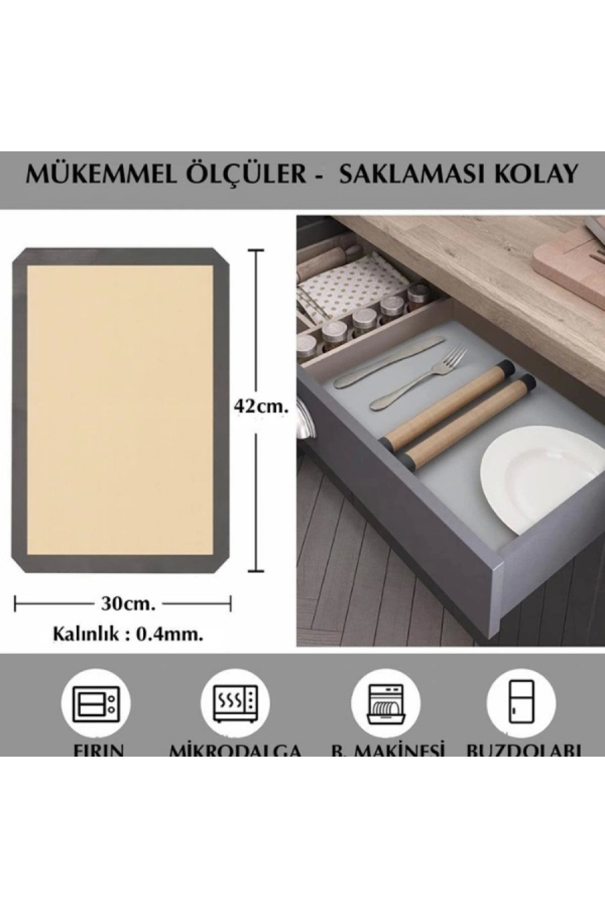 Gri Renk Silikon Kenar Ortası Cam Elyaf Yanmaz Yapışmaz Pişirme Ve Hamur Açma Matı 40*30 1 Adet