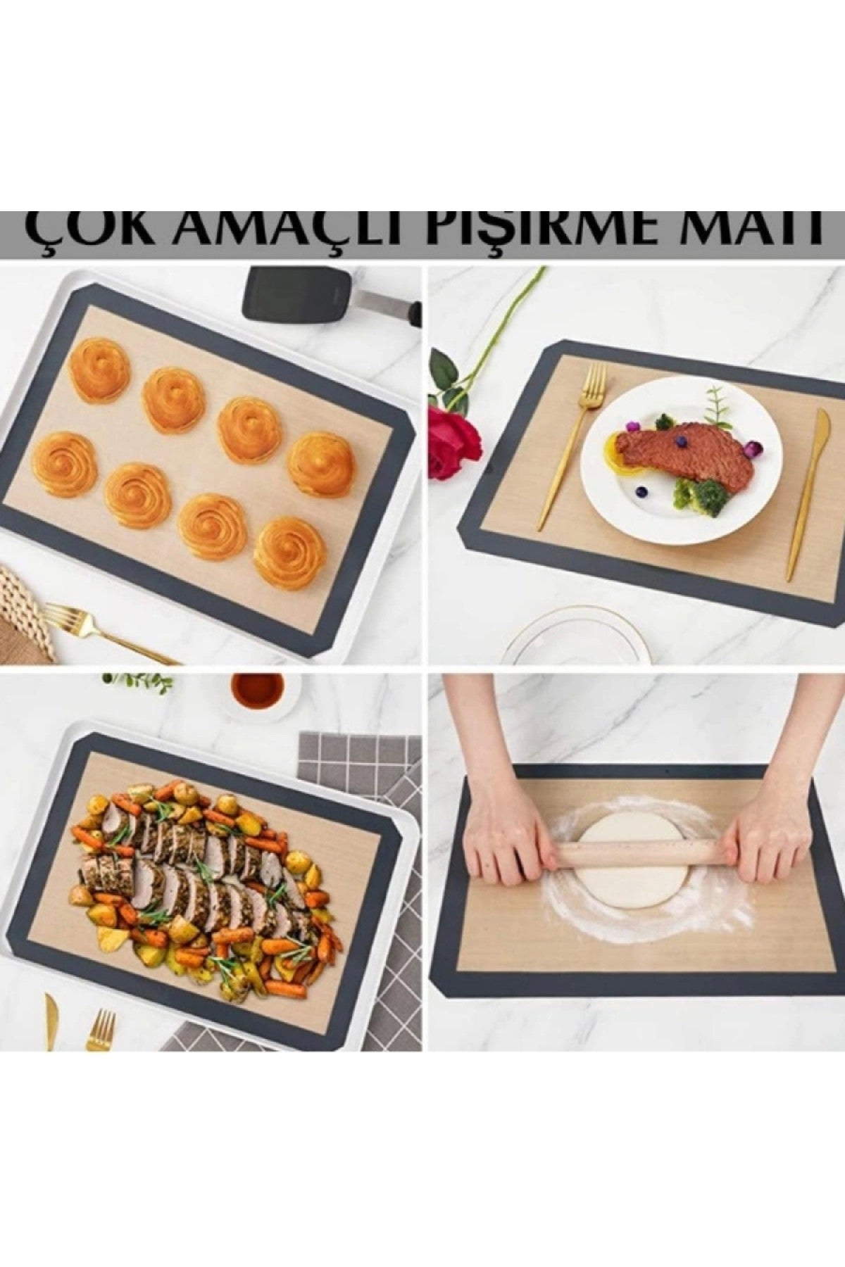 Gri Renk Silikon Kenar Ortası Cam Elyaf Yanmaz Yapışmaz Pişirme Ve Hamur Açma Matı 40*30 1 Adet
