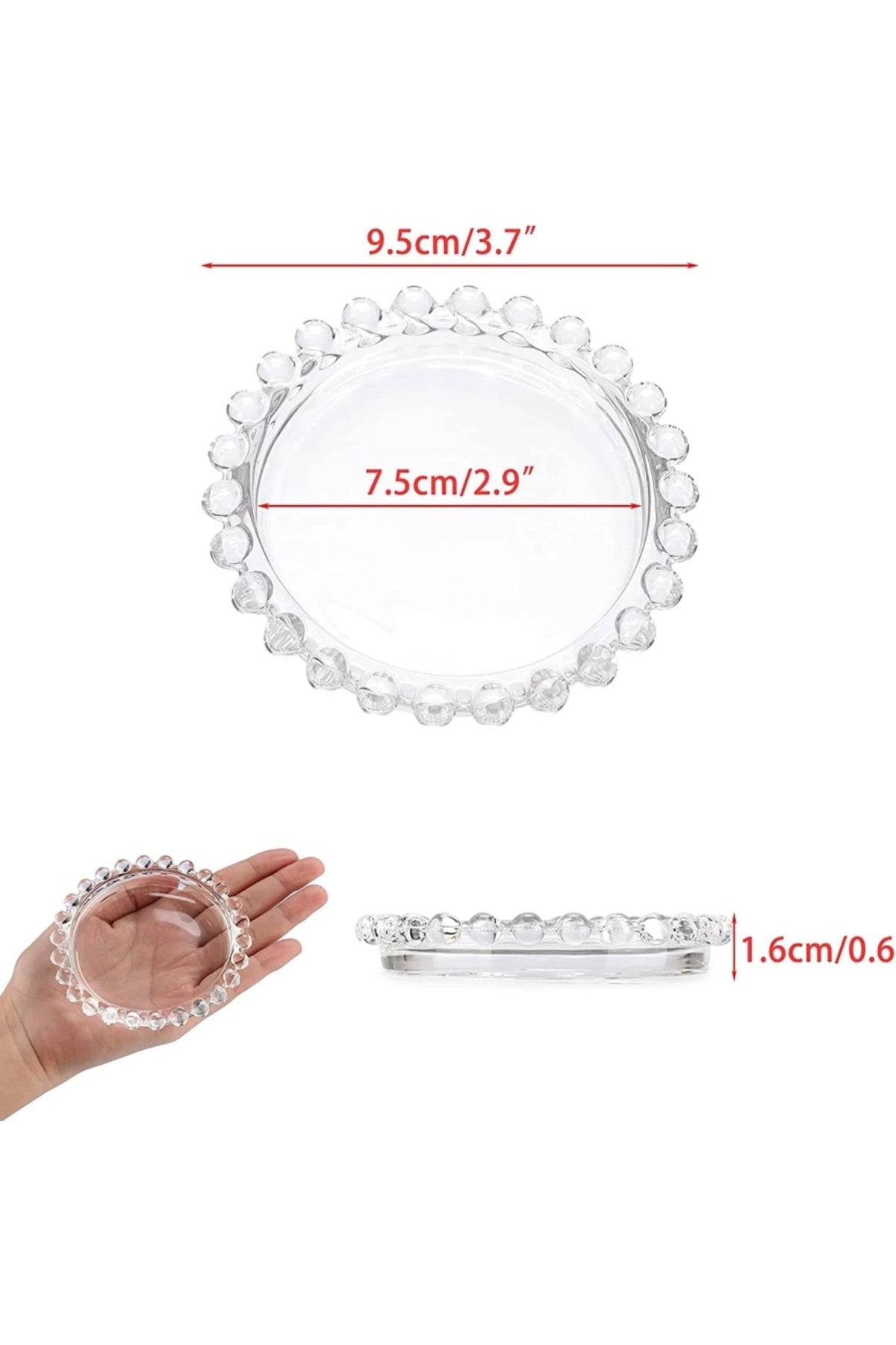 1 ADET 7,5 cm Şeffaf İnci Boncuk Cam Sunumluk Mumluk Tabağı , Bardak Altlığı Mum Tepsi Masa Düğün İç