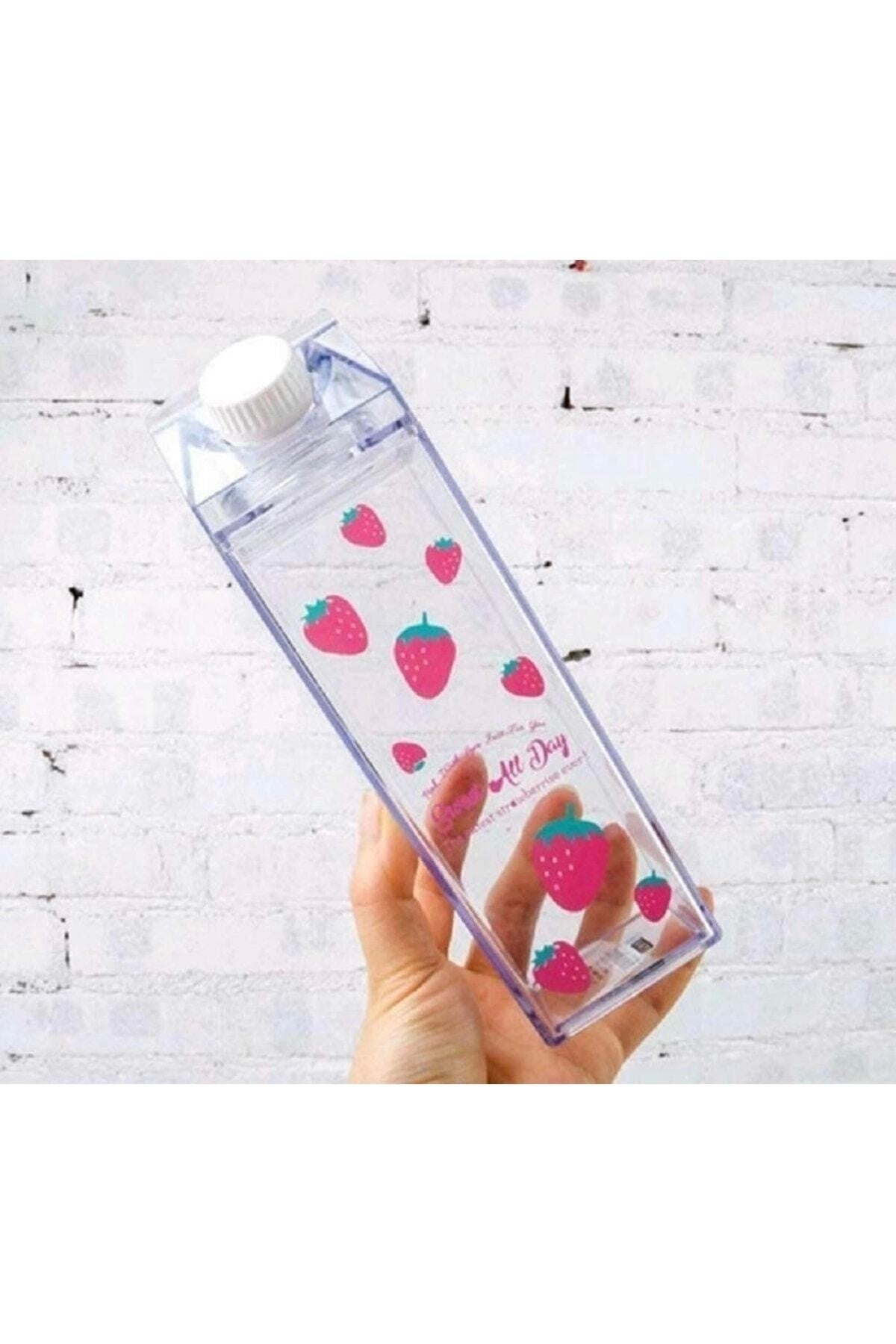 Çilek 500ml Mika Süt Kutu Tasarımlı Su Kahve Içecek Şişesi Cam Değildir Kahve Ve Sunum Bardağı