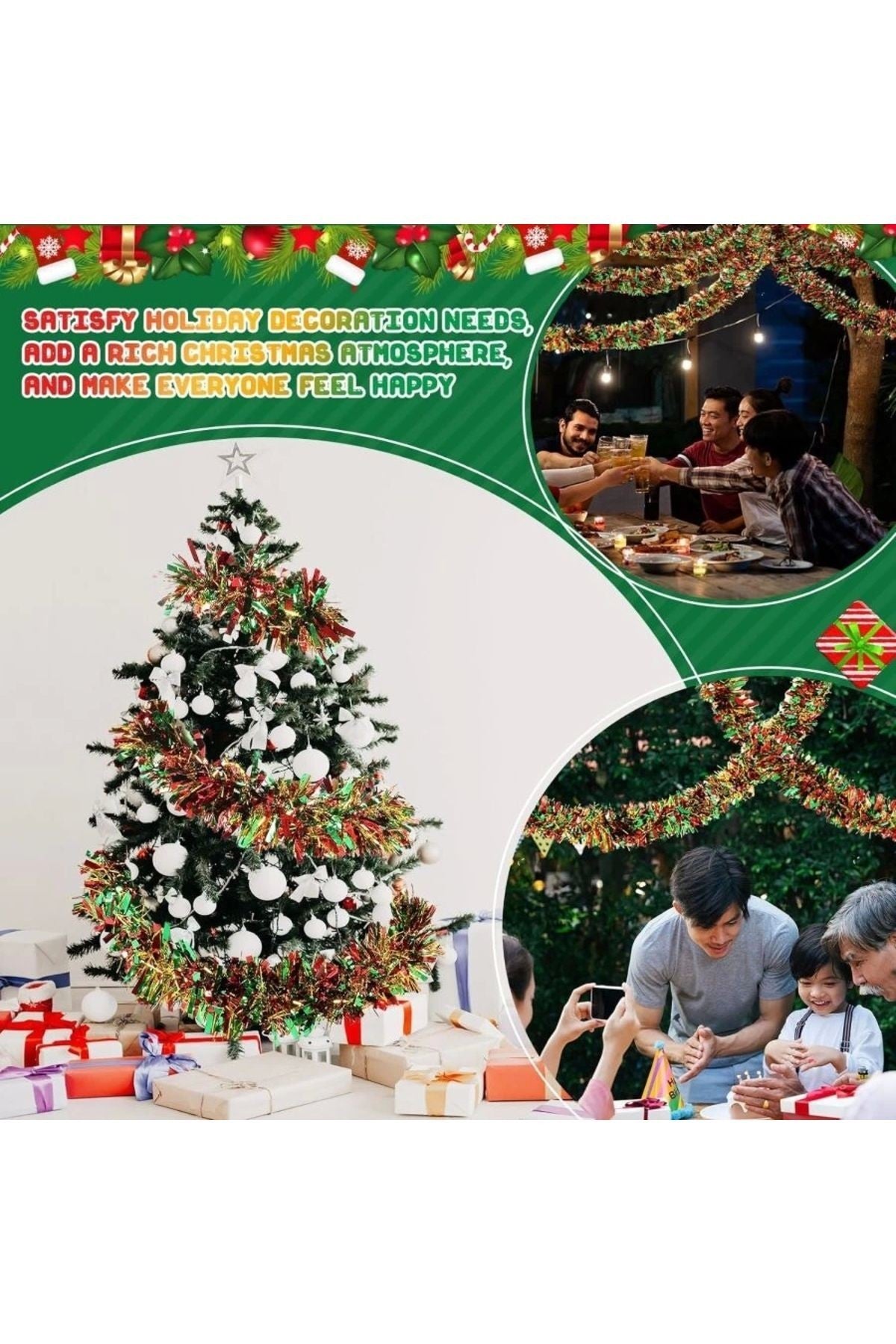 1 Adet 1.7m Cicili Bicili Yılbaşı Püskül Metalik Noel Ağacı Parlak Çelenk Süslemeleri (kırmızı Yeşil