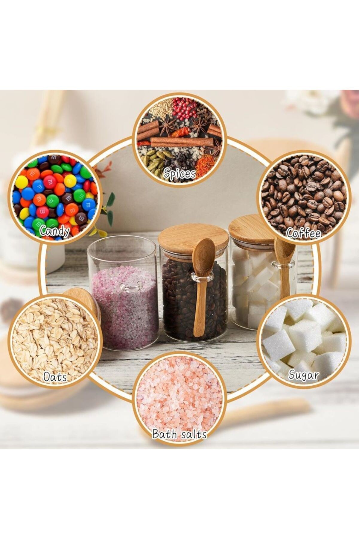 2 Adet Bambu Kapaklı ve Kaşıklı Şeffaf Hava Geçirmez Kavanoz Kahve Şeker, Baharat