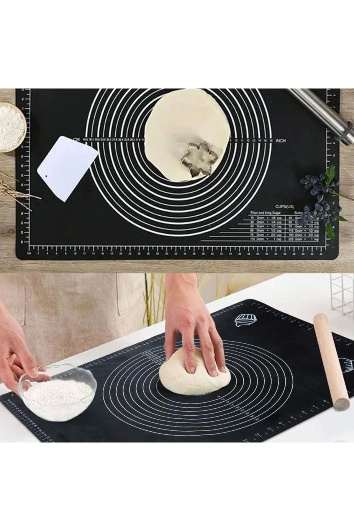 Silikon Yapışmaz Hamur Açma Matı, Ölçekli Hamur Açma Altlığı Masa Tezgah Yüzey Koruyucu 50x40cm