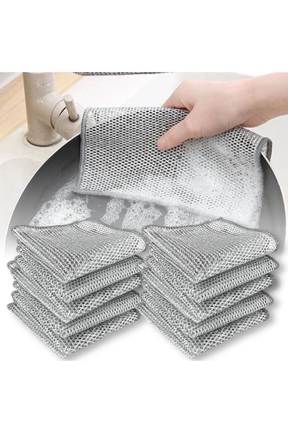 10 Adet Çok Amaçlı Mucize Mikrofiber Inox Bez Telli Bulaşık Bezi, Mutfak Banyo Bezi