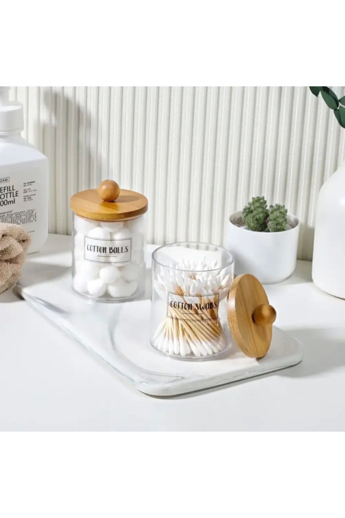 1 Adet ( 8* 6.5 Cm ) Bambu Kapaklı, Şeffaf Cam Kavanoz, Pamuk, Diş Ipi, Makyaj Fırçası