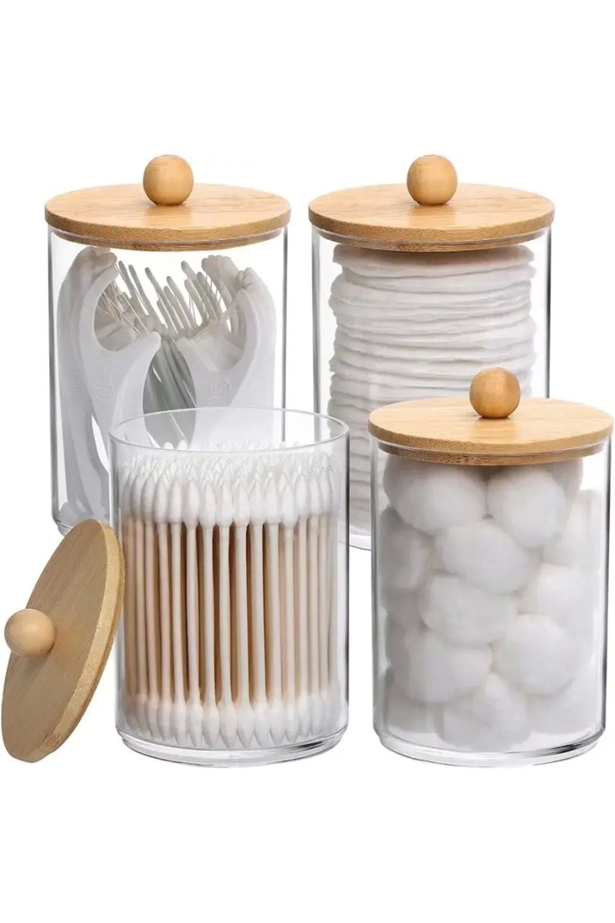 1 Adet ( 8* 6.5 Cm ) Bambu Kapaklı, Şeffaf Cam Kavanoz, Pamuk, Diş Ipi, Makyaj Fırçası