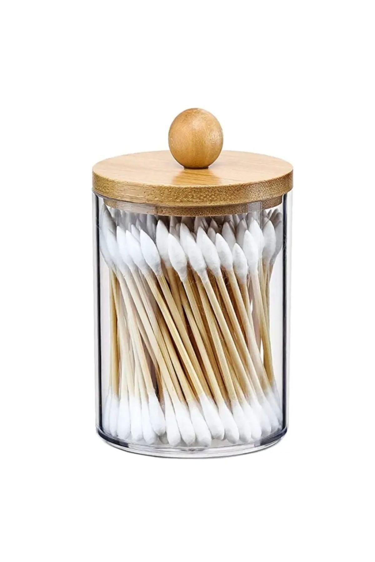 1 Adet ( 8* 6.5 Cm ) Bambu Kapaklı, Şeffaf Cam Kavanoz, Pamuk, Diş Ipi, Makyaj Fırçası