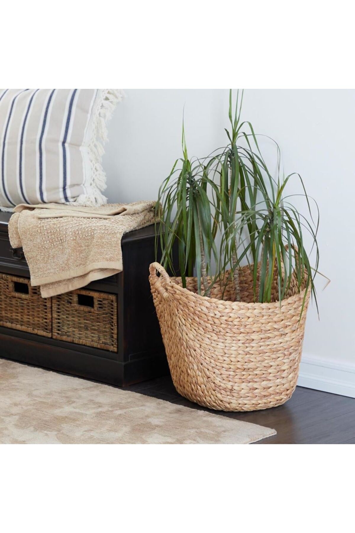 El Yapımı Halka Kulplu Büyük Dokuma Saklama Sepeti (53.5cm*43.5 cm.43.5 cm)