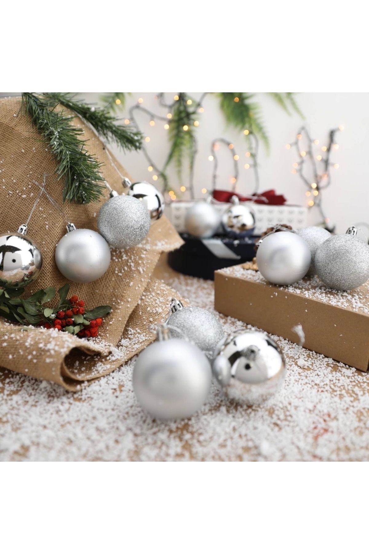 12 Adet Gümüş 6 Cm Yılbaşı Topu, Adet Noel Topu, Çam Ağacı Topu, Süs Topu