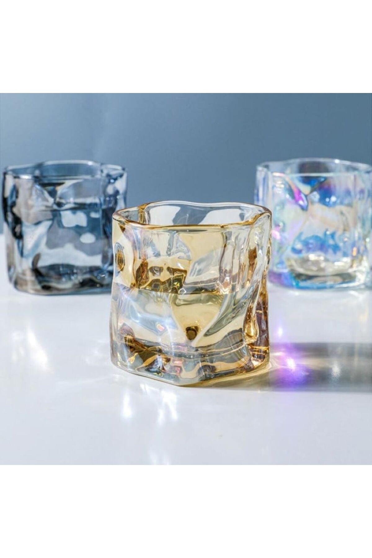 2 Adet 250ml Gökkuşağı Yanardöner İskandinav Tarzı Bükülme Cam Viski, Kokteyl, Bourbon Sunum Küçük