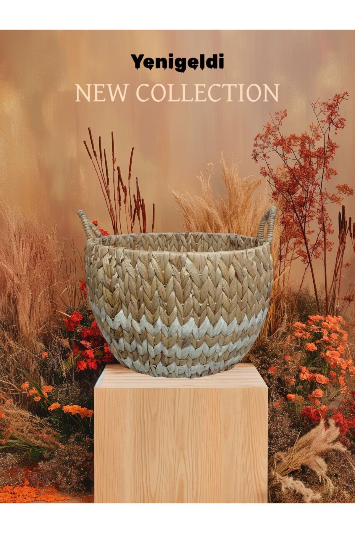 1 Adet Doğal Hasır Sepet ( 26 Cm * 40 Cm * Taban 28 Cm ) Beyaz Çizgili Yen240014or
