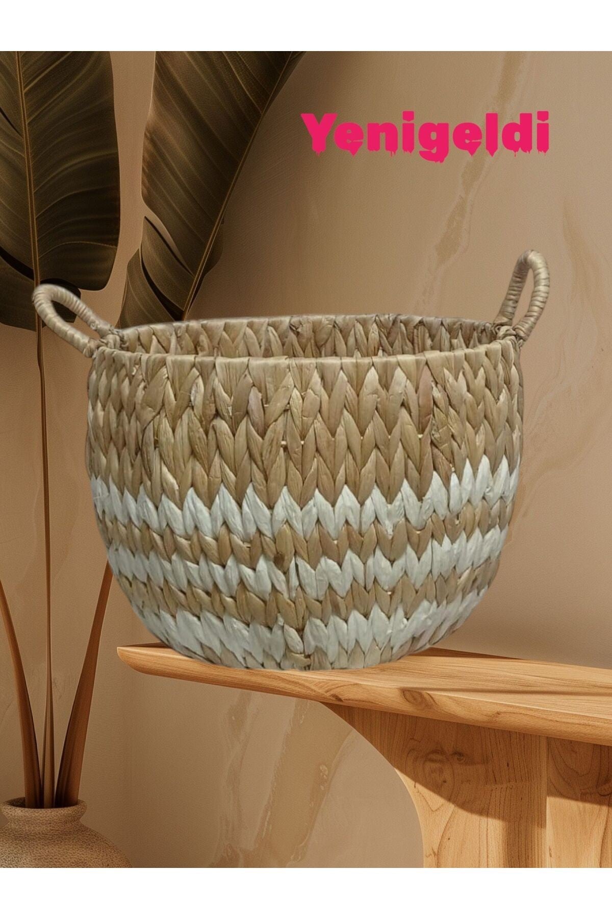 1 Adet Doğal Hasır Sepet (23CM*36CM*TABAN 24 CM) Beyaz Çizgili Yen240014k
