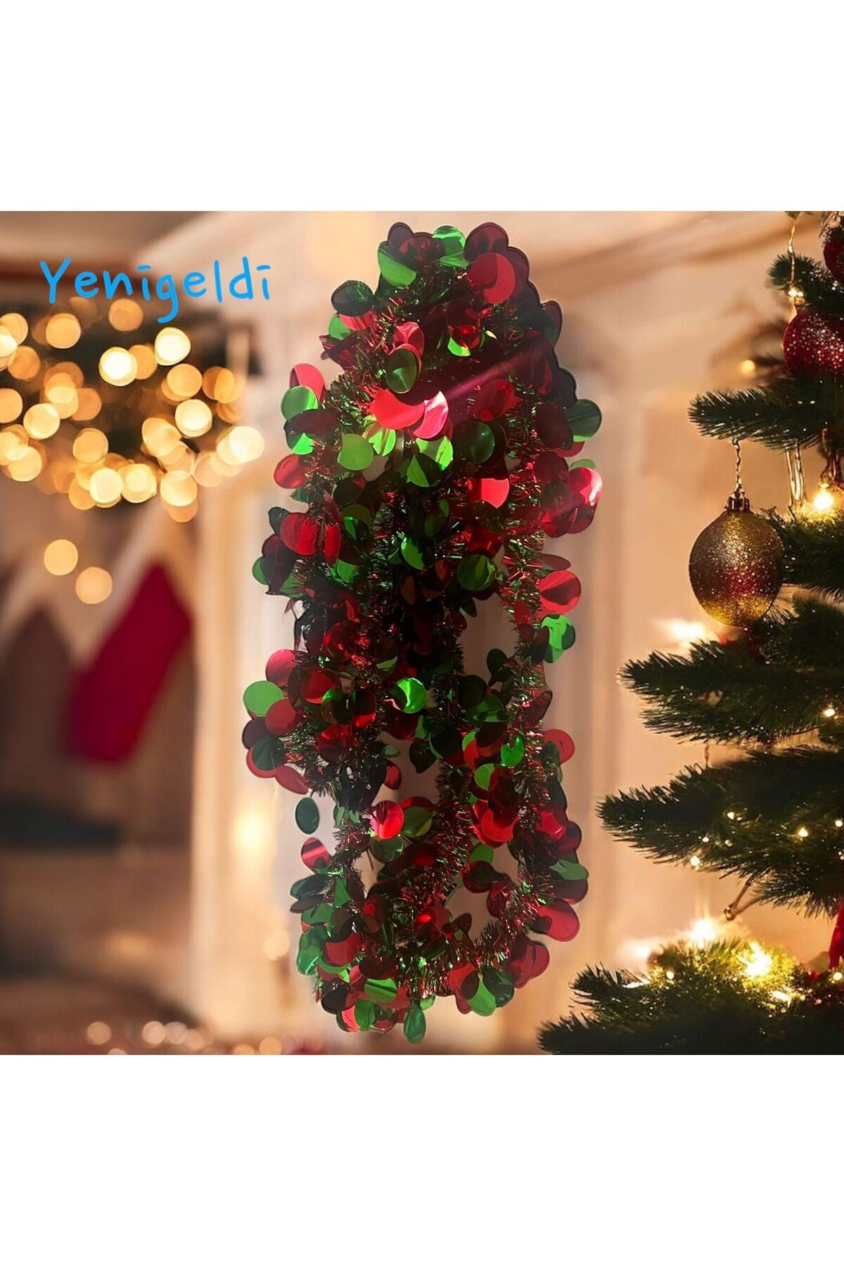 1 Adet 1.7m Pullu Yılbaşı Püskül Metalik Noel Ağacı Parlak Çelenk Süslemeleri (kırmızı Yeşil )