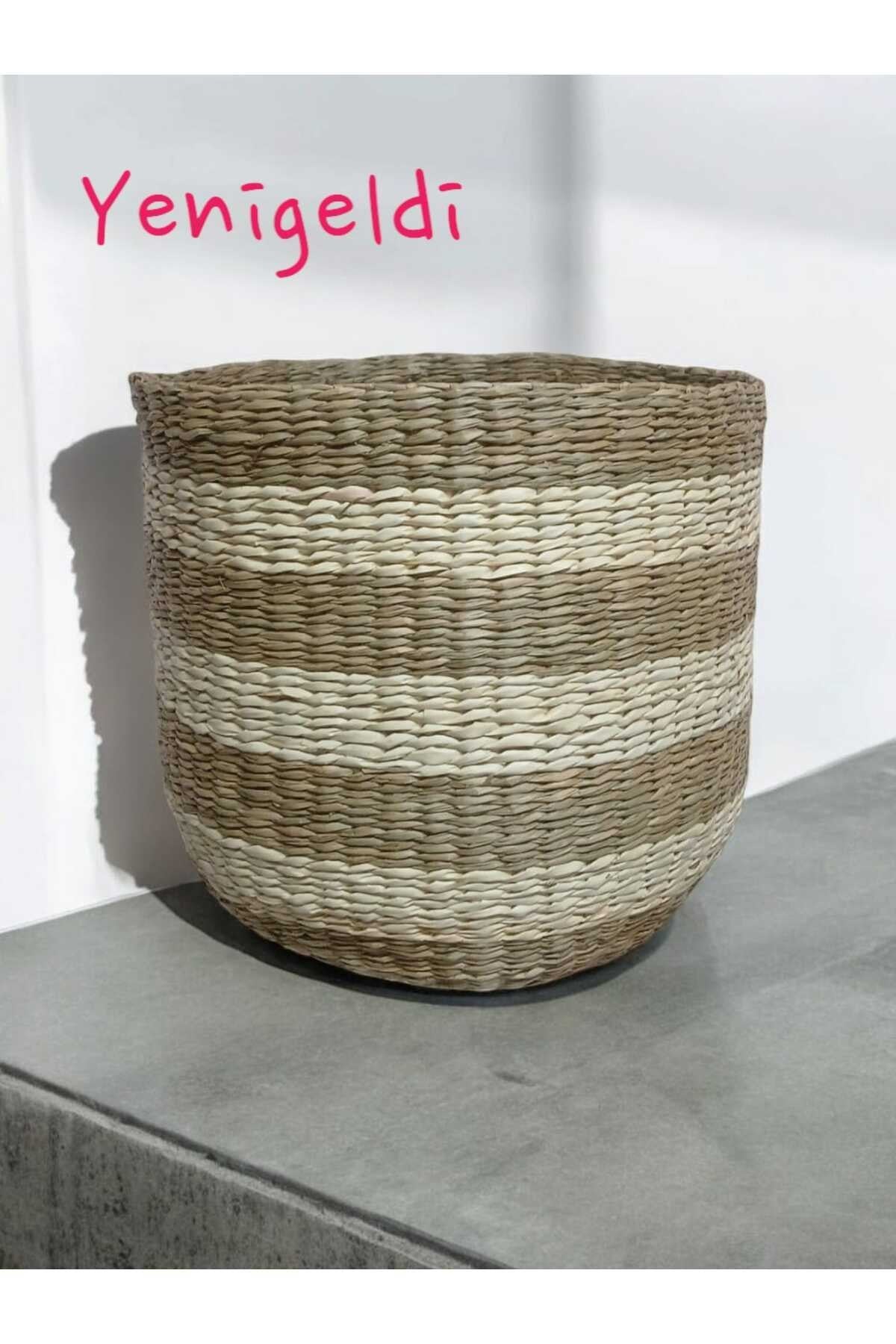 (Y:37XG:42XTG:30 CM) 1 Adet Hasır Sepet Seti Düzenleyici Organizer Beyaz Çizgili Yen240032b