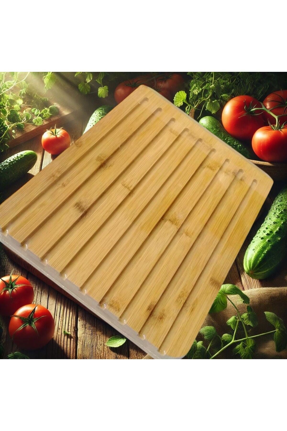 Fin Tasarımı Bambu Oluklu Ekmek Meyve Kesme Tahtası (ÖN YÜZ) Bambu Düz Kesme Tahtası (ARKA YÜZ)