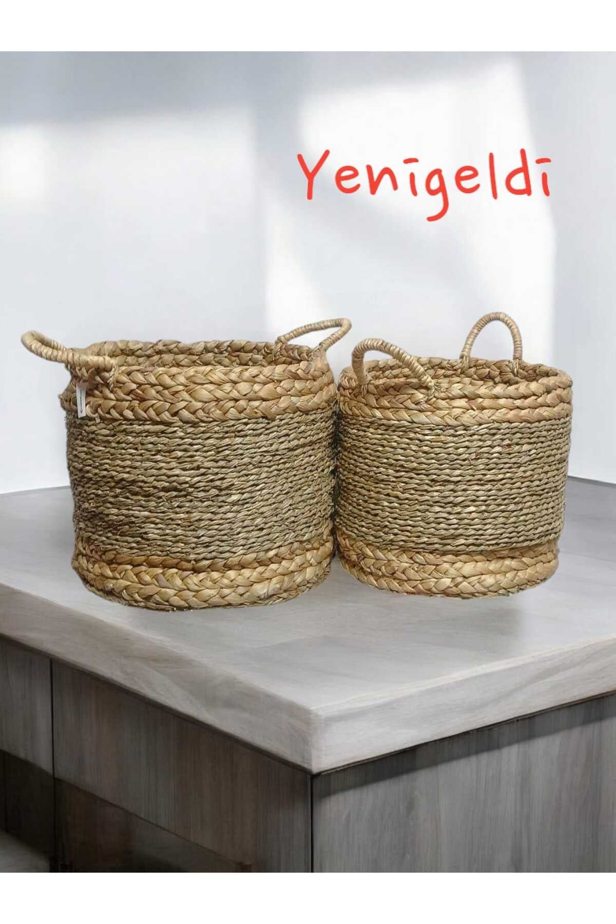 2li Saplı Yuvarlak Dekoratif Hasır Sepeti yen2400052