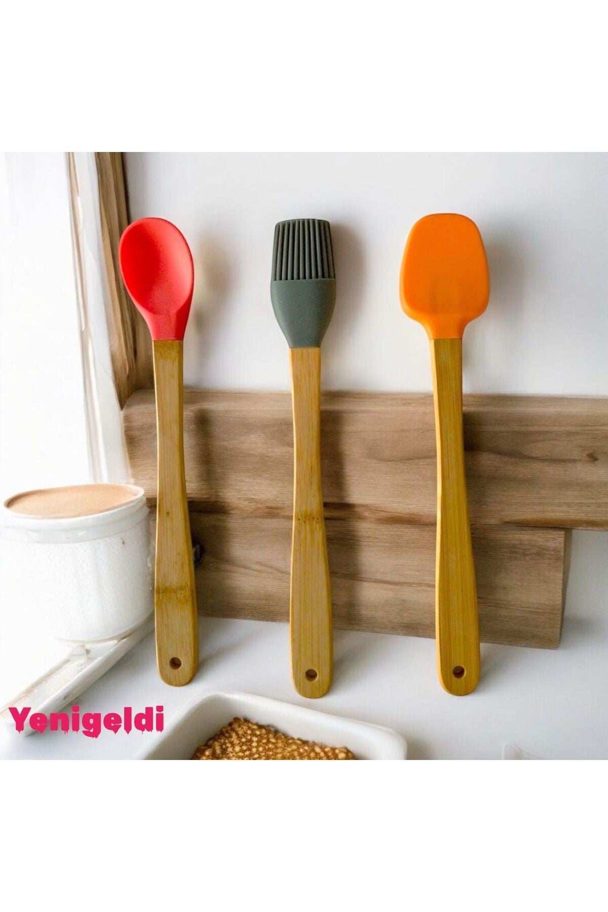 3 Adet 21 cm Pastel Renk Bambu Saplı Mini Silikon Pişirme Seti, ( Kaşık,Fırça,Spatula)