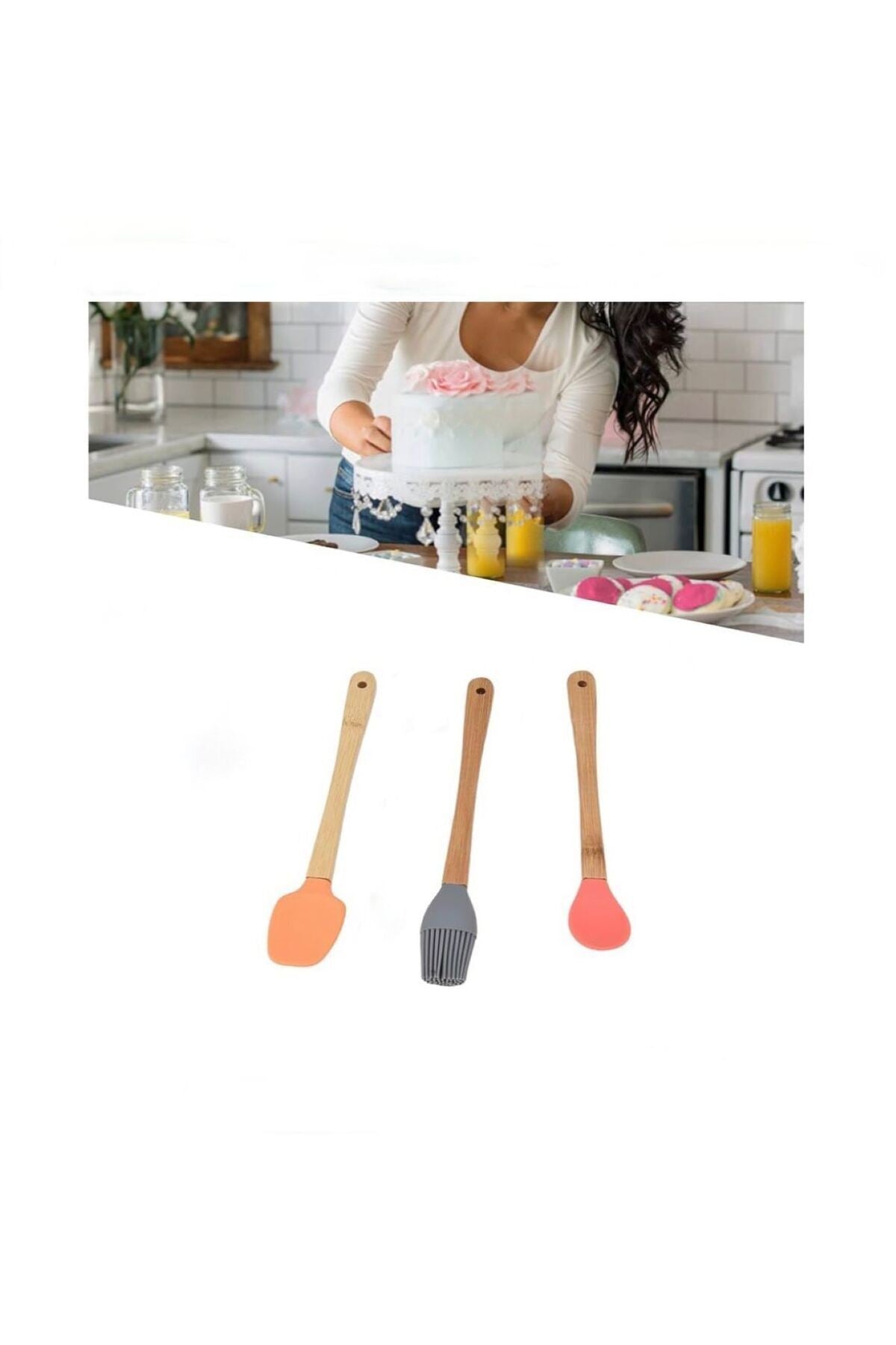 3 Adet 21 cm Pastel Renk Bambu Saplı Mini Silikon Pişirme Seti, ( Kaşık,Fırça,Spatula)
