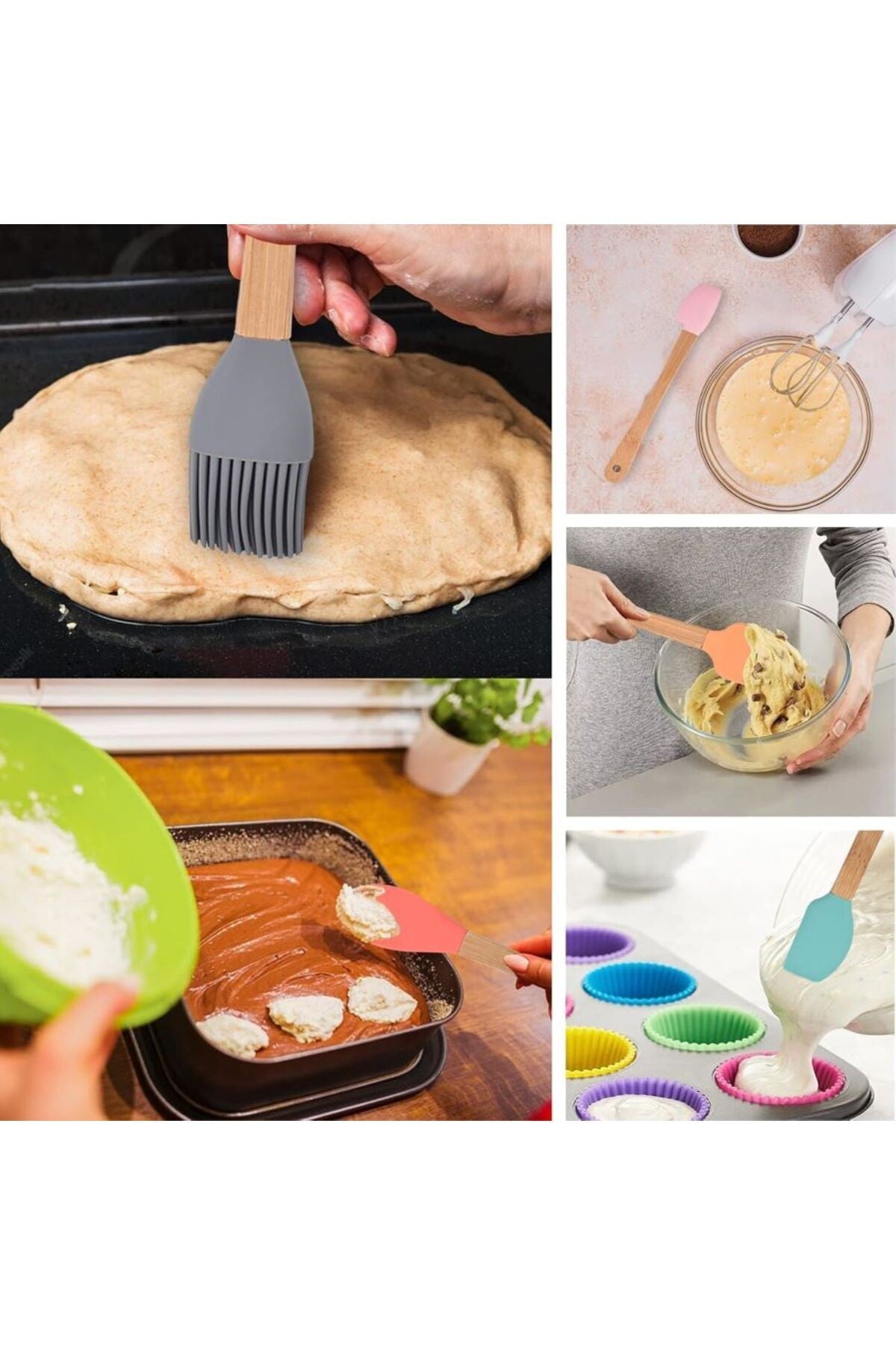 3 Adet 21 cm Pastel Renk Bambu Saplı Mini Silikon Pişirme Seti, ( Kaşık,Fırça,Spatula)